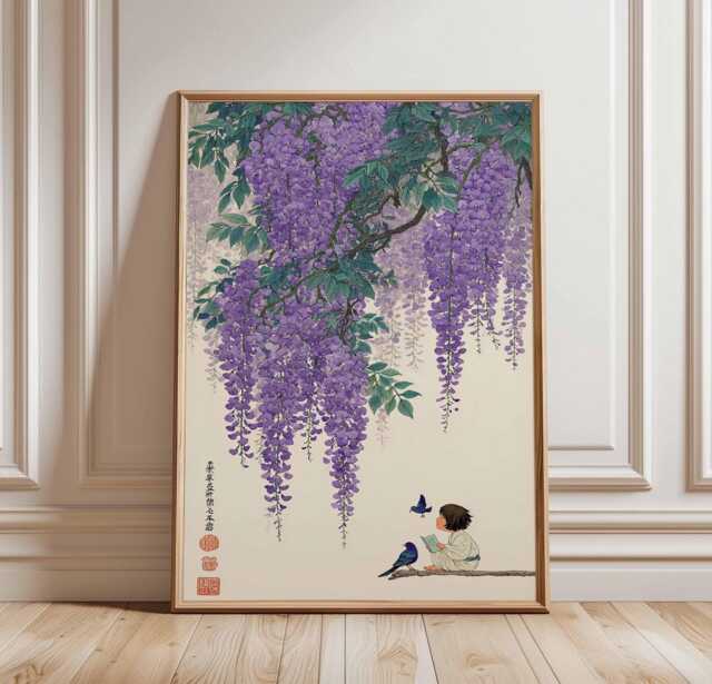 Wisteria Poster Japanese Floral Wall Art - Peaceful Nature Print With Child, Butterfly & Birds For Zen Home Decor Unframed - image 1