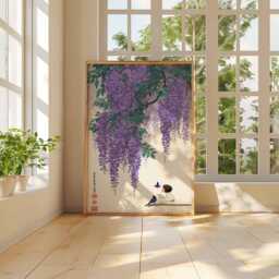 Wisteria Poster Japanese Floral Wall Art - Peaceful Nature Print With Child, Butterfly & Birds For Zen Home Decor Unframed - thumbnail 3