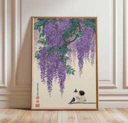 Wisteria Poster Japanese Floral Wall Art - Peaceful Nature Print With Child, Butterfly & Birds For Zen Home Decor Unframed - thumbnail 1