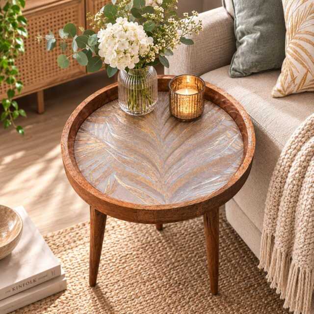 Handcrafted Mango Wood Side Table Azure Enamel, Gold Print - image 1