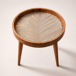 Handcrafted Mango Wood Side Table Azure Enamel, Gold Print - thumbnail 4