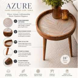 Handcrafted Mango Wood Side Table Azure Enamel, Gold Print - thumbnail 2