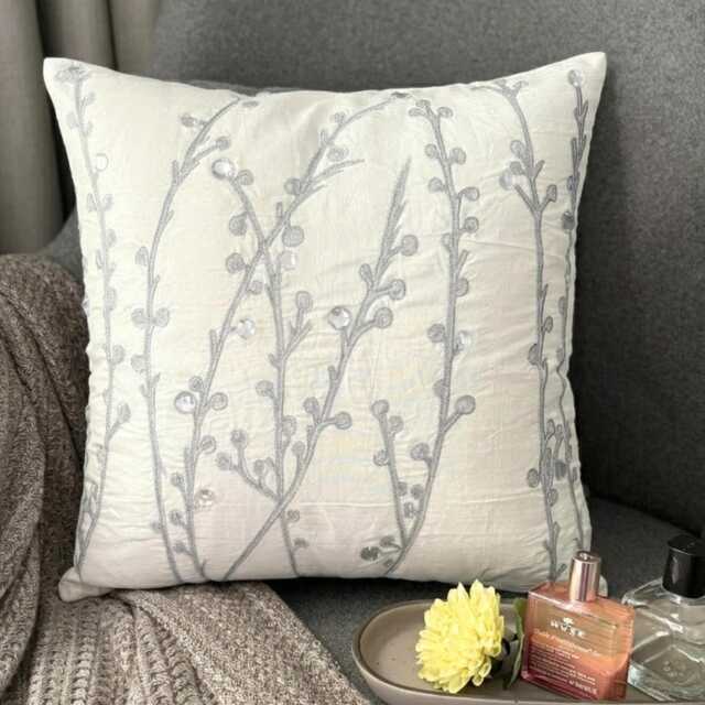 White Art Silk, Stone, Zardozi Embroidered Nature & Floral Pattern, Contemporary Throw Pillow Cover/Euro Sham - Crystal Willow - image 1