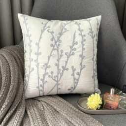 White Art Silk, Stone, Zardozi Embroidered Nature & Floral Pattern, Contemporary Throw Pillow Cover/Euro Sham - Crystal Willow - thumbnail 2