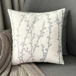 White Art Silk, Stone, Zardozi Embroidered Nature & Floral Pattern, Contemporary Throw Pillow Cover/Euro Sham - Crystal Willow - thumbnail 3
