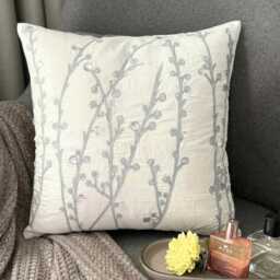 White Art Silk, Stone, Zardozi Embroidered Nature & Floral Pattern, Contemporary Throw Pillow Cover/Euro Sham - Crystal Willow - thumbnail 1