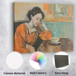 Thoughtful Woman Coffee Shop Impressionist Interior Portrait Canvas Wall Art Print Decor Picture Ready To Hang - thumbnail 2