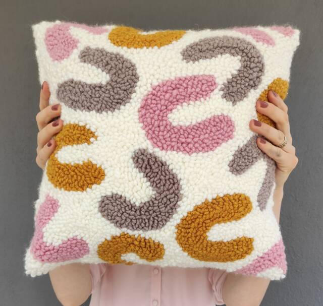 Handmade Punch Needle Pillow Cover, Geometric Embroidered Cushion - image 1
