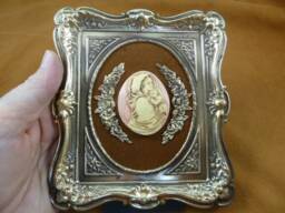 Framed Cameo Madonna Mary & Child Jesus Pink Ivory Victorian Scrolled Floral Design Brass Frame Wall Shelf Desk Hanging Art Cfl19-20