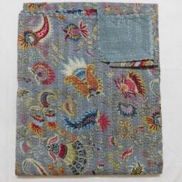Floral Kantha Quilt Bedspread Reversible Indian Cotton Throw - thumbnail 3