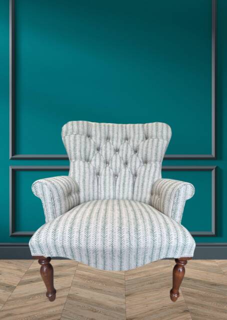 I'm New Armchair Chair Seat in A Printed Green Arrow Stripe On Natural Linen Background. Matching Stool Available - image 1