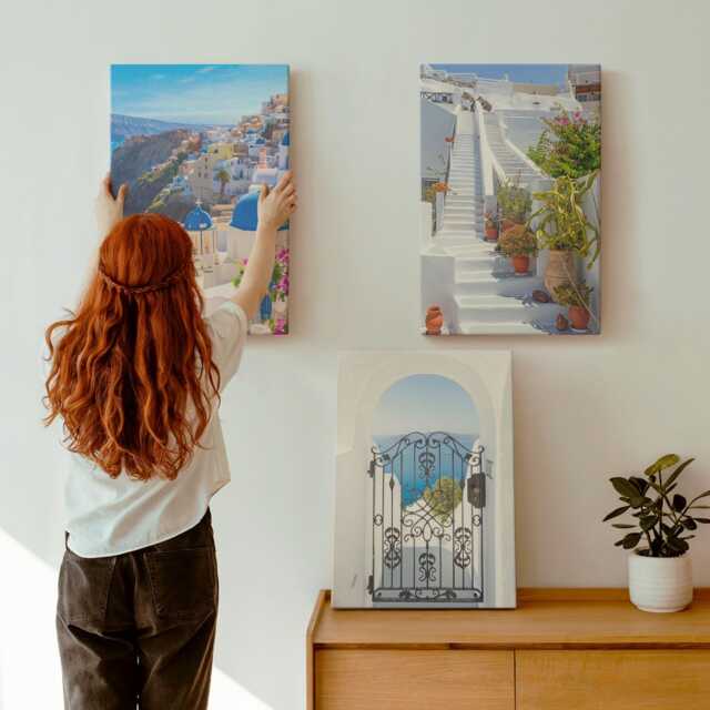 Canvas Art Set Of 3 - Views Santorini Greek Architecture Oia, Blue Wall Canvas, Travels Decor - image 1