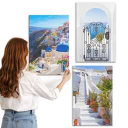 Canvas Art Set Of 3 - Views Santorini Greek Architecture Oia, Blue Wall Canvas, Travels Decor - thumbnail 3
