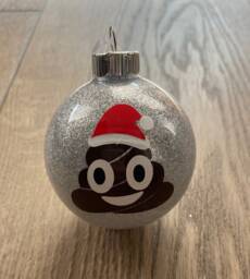 Poop Emoji Santa Ornament - Silver Glitter Ball Bauble Funny Holiday Decoration