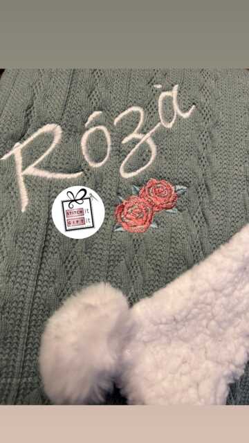 Personalised Baby Cable Knit Blanket Wrap -Floral Roses , Name Embroidered Pom Pom/Sherpa Reverse - image 1
