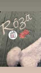 Personalised Baby Cable Knit Blanket Wrap -Floral Roses , Name Embroidered Pom Pom/Sherpa Reverse