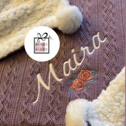 Personalised Baby Cable Knit Blanket Wrap -Floral Roses , Name Embroidered Pom Pom/Sherpa Reverse - thumbnail 3