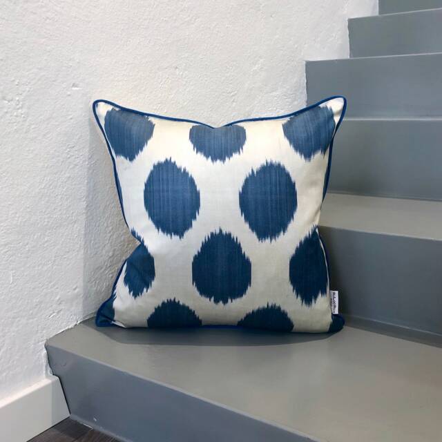 Silk Ikat Pillow Cover Dots Blue - Statement Cushion For Home Decor - image 1