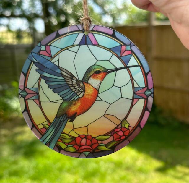 Hummingbird Wreath Sign, Acrylic Faux Stained Glass, Suncatcher Window Hanging, Front Door Wreath, Decoration For Windows, Wall Decor - image 1