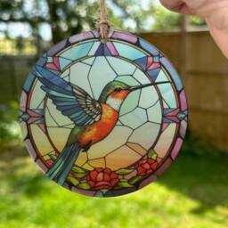 Hummingbird Wreath Sign, Acrylic Faux Stained Glass, Suncatcher Window Hanging, Front Door Wreath, Decoration For Windows, Wall Decor - thumbnail 2