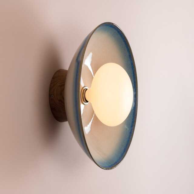 Blue & White Dawn Wall Light Sconce in Ceramic & Oak - image 1