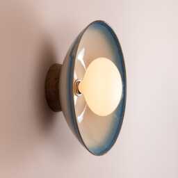 Blue & White Dawn Wall Light Sconce in Ceramic & Oak