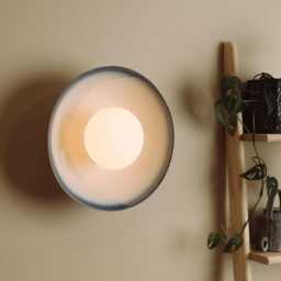 Blue & White Dawn Wall Light Sconce in Ceramic & Oak - thumbnail 2