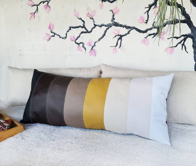 Faux Leather Lumbar Pillow Cover Autumn Decor, Striped Design - image 1