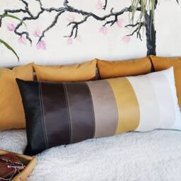 Faux Leather Lumbar Pillow Cover Autumn Decor, Striped Design - thumbnail 3