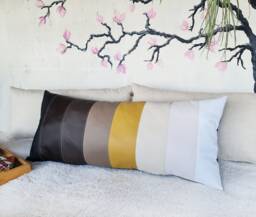 Faux Leather Lumbar Pillow Cover Autumn Decor, Striped Design - thumbnail 1