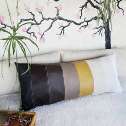 Faux Leather Lumbar Pillow Cover Autumn Decor, Striped Design - thumbnail 2