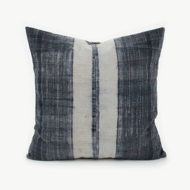 Vintage Hmong Hemp Pillow Cover, Indigo Batik Tribal Cushion - 20x20 - image 1