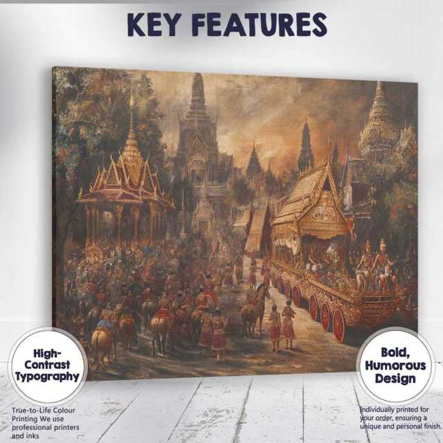Royal Thai Temple Procession Golden Ceremonial Parade Canvas Wall Art Print Decor Picture Ready To Hang - image 1