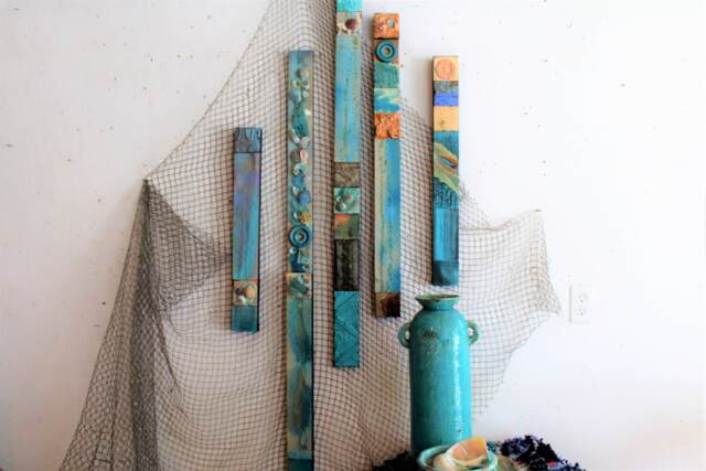 Turquoise Blue Sky Soul Totems Beach Ocean Lover Glazed Tin Ceiling Modern Pottery Wall Art Sea Glass Seashells Reliefs Boho Tribal Textural - image 1