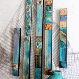 Turquoise Blue Sky Soul Totems Beach Ocean Lover Glazed Tin Ceiling Modern Pottery Wall Art Sea Glass Seashells Reliefs Boho Tribal Textural - thumbnail 3