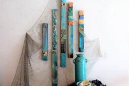 Turquoise Blue Sky Soul Totems Beach Ocean Lover Glazed Tin Ceiling Modern Pottery Wall Art Sea Glass Seashells Reliefs Boho Tribal Textural - thumbnail 1