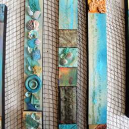 Turquoise Blue Sky Soul Totems Beach Ocean Lover Glazed Tin Ceiling Modern Pottery Wall Art Sea Glass Seashells Reliefs Boho Tribal Textural - thumbnail 2