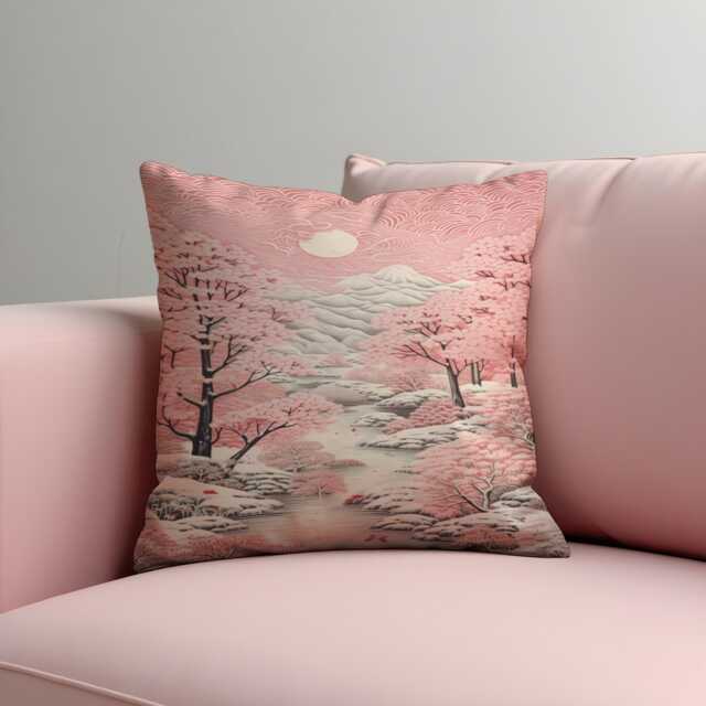Cherry Blossom Landscape Cushion Cover, Japanese Sakura Mountain Scene Throw Pillowcase, Soft Pink Zen Decor, Tranquil Nature Art, 18x18 - image 1