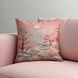 Cherry Blossom Landscape Cushion Cover, Japanese Sakura Mountain Scene Throw Pillowcase, Soft Pink Zen Decor, Tranquil Nature Art, 18x18 - thumbnail 1