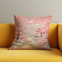 Cherry Blossom Landscape Cushion Cover, Japanese Sakura Mountain Scene Throw Pillowcase, Soft Pink Zen Decor, Tranquil Nature Art, 18x18 - thumbnail 2