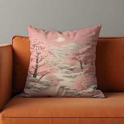 Cherry Blossom Landscape Cushion Cover, Japanese Sakura Mountain Scene Throw Pillowcase, Soft Pink Zen Decor, Tranquil Nature Art, 18x18 - thumbnail 3