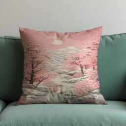 Cherry Blossom Landscape Cushion Cover, Japanese Sakura Mountain Scene Throw Pillowcase, Soft Pink Zen Decor, Tranquil Nature Art, 18x18 - thumbnail 4