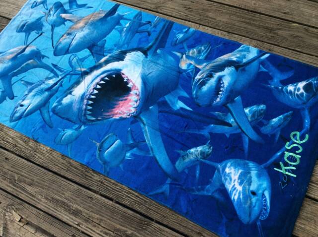 Shark Personalized Beach Towel, Nautical Decor For An Ocean Bathroom, Vacation Pool Party Birthday Gift Boy, Monogrammed Under 35 - image 1