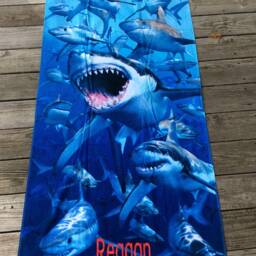 Shark Personalized Beach Towel, Nautical Decor For An Ocean Bathroom, Vacation Pool Party Birthday Gift Boy, Monogrammed Under 35 - thumbnail 2