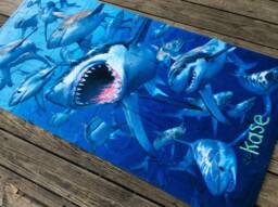 Shark Personalized Beach Towel, Nautical Decor For An Ocean Bathroom, Vacation Pool Party Birthday Gift Boy, Monogrammed Under 35 - thumbnail 1