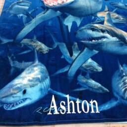 Shark Personalized Beach Towel, Nautical Decor For An Ocean Bathroom, Vacation Pool Party Birthday Gift Boy, Monogrammed Under 35 - thumbnail 3