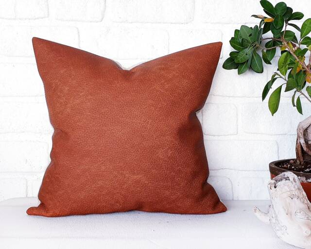 Terracotta Faux Leather Pillow Cover Rustic Modern Home Decor - 16'' X 16'' - image 1