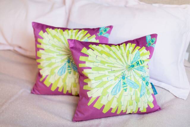 Bees On Flower Cushion - Handmade Digitally Printed Luxurious Shimmer Velvet Cushion, Decorative Pillow Cover, Living Room Decor - image 1