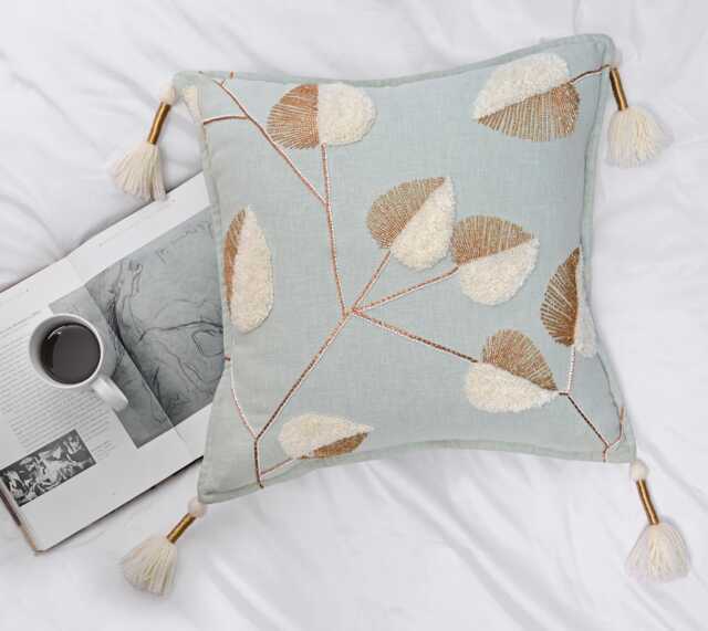 Light Blue Embroidered Pillow Cover, Gold Leaf Accents & Tassels - Bmcc293 - image 1