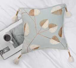 Light Blue Embroidered Pillow Cover, Gold Leaf Accents & Tassels - Bmcc293 - thumbnail 1